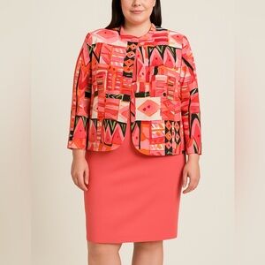 100% Silk Skirt Suit Set – Abstract Print Jacket & Solid Skirt, 18.